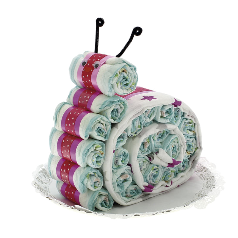 Tarta-de-pañales-con-forma-de-Caracol-con-muselina-rosa