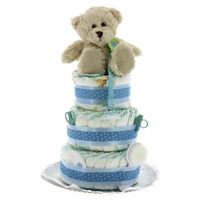 Tarta de pañales de tres pisos Osito con accesorios azul